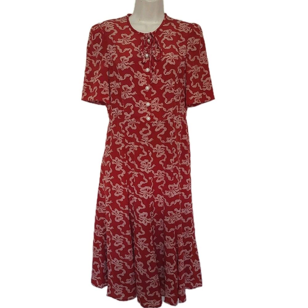 LK Bennett Montana Tea Dress Silk Red bow print Pearl Buttons Short Sleeve sz 4